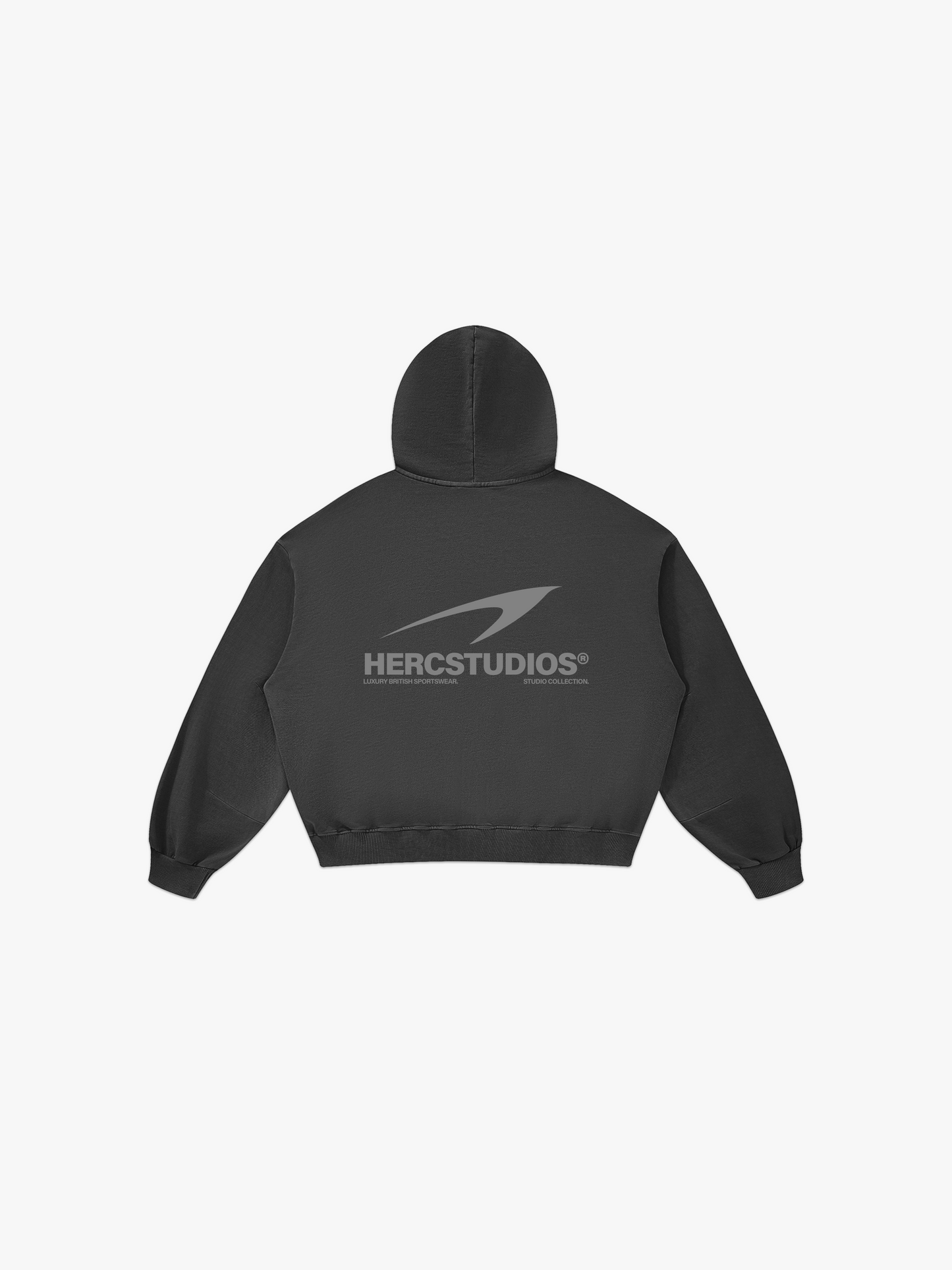 HERCSTUDIOS Boxy Hoodie - Dark Grey back flat lay