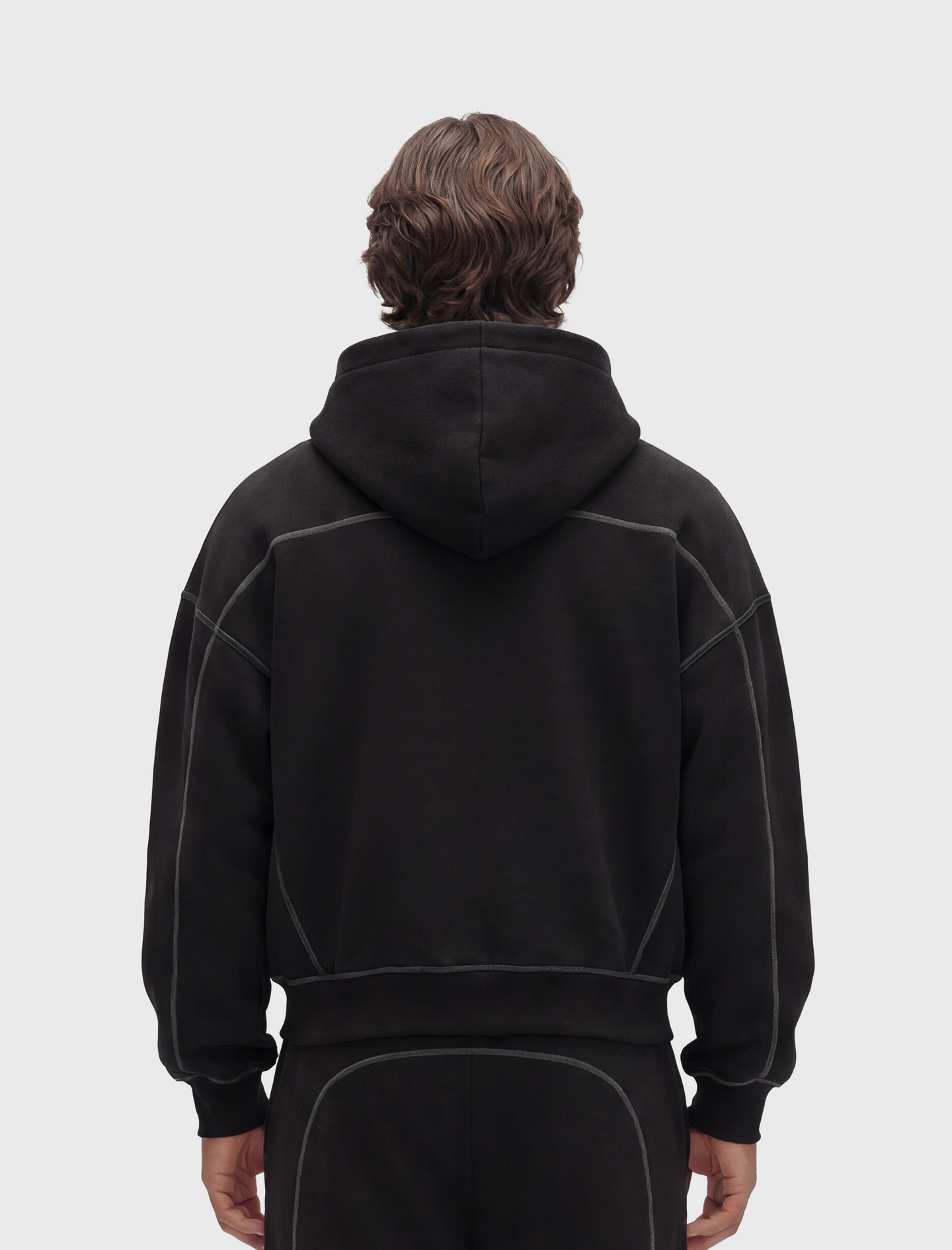 HERCXLES 2026: Contrast-Stitched Boxy Fleece Zip Hoodie - Black model back