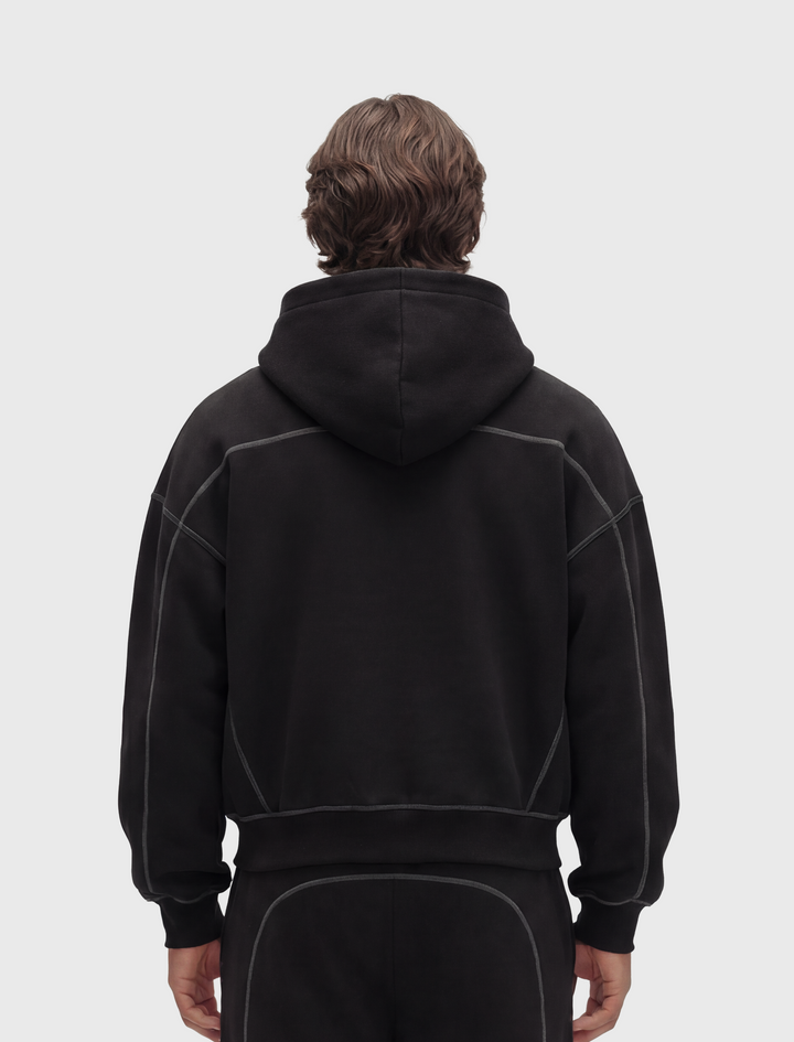HERCXLES 2026: Contrast-Stitched Boxy Fleece Zip Hoodie - Black model back