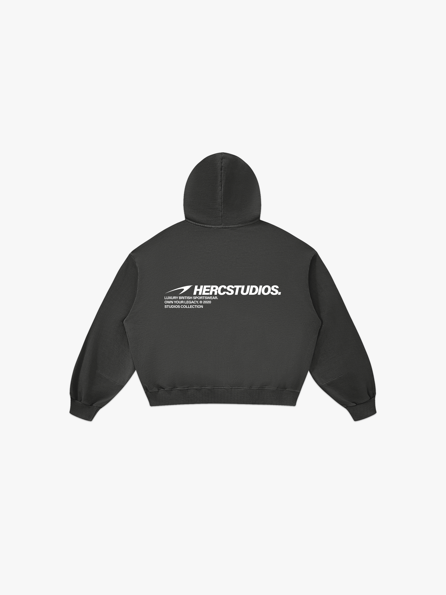 HERCSTUDIOS Boxy Hoodie - Dark Grey back flat lay