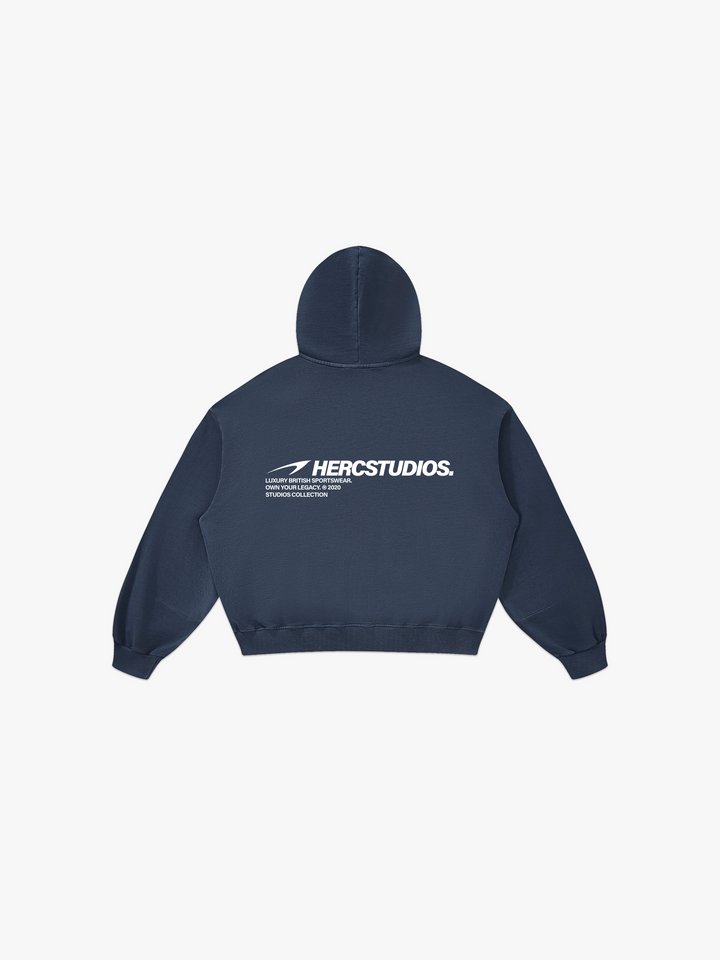 HERCSTUDIOS Boxy Hoodie - Navy back flat lay