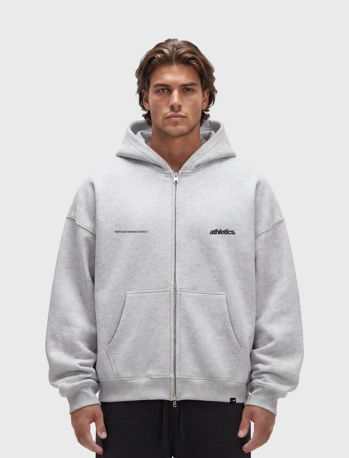 HERCXLES 2026: Athletics Zip Hoodie - Flower Gray model front