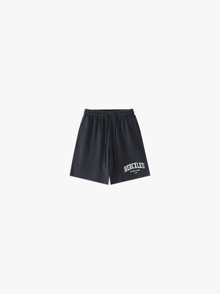 Black HERCXLES Lifting Club oversized cotton shorts shown against a white background