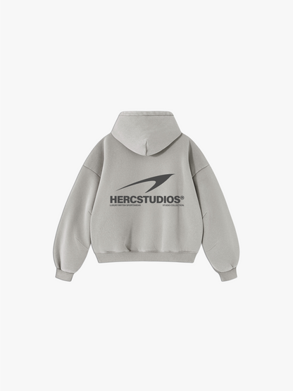 HERCSTUDIOS Vintage Fleece Boxy Hoodie - Light Grey back flat lay