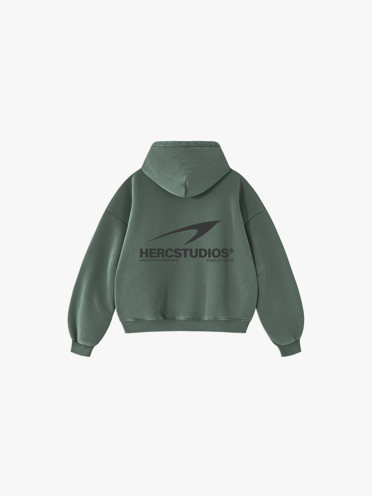 HERCSTUDIOS Vintage Fleece Boxy Hoodie - Washed Green back flat lay