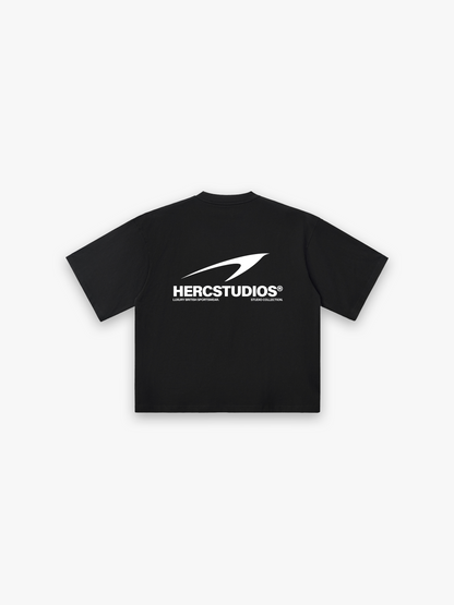HERCSTUDIOS HUGE T-Shirt - Black / White back flat lay
