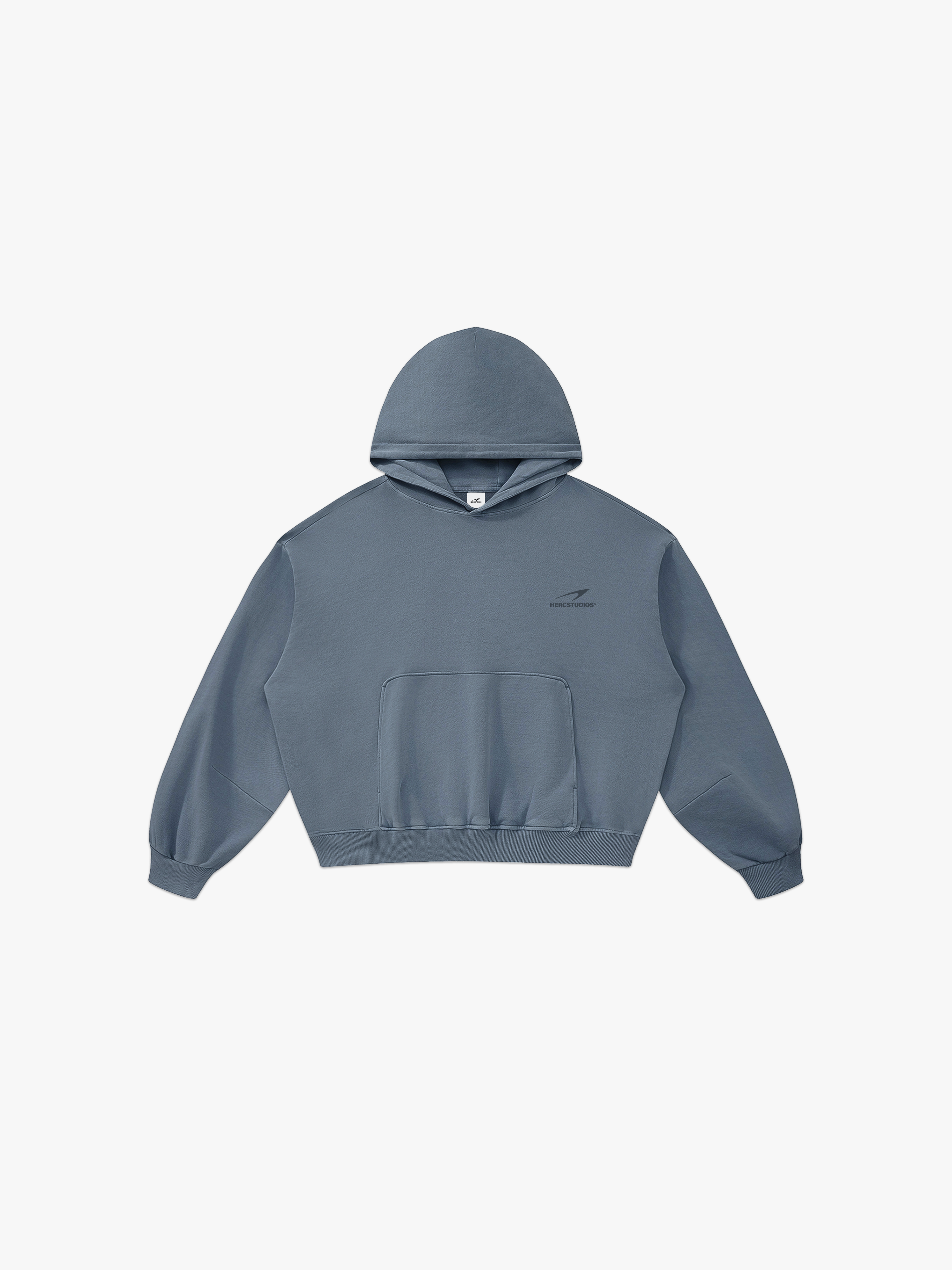 HERCSTUDIOS Boxy Hoodie - Blue Grey front flat lay