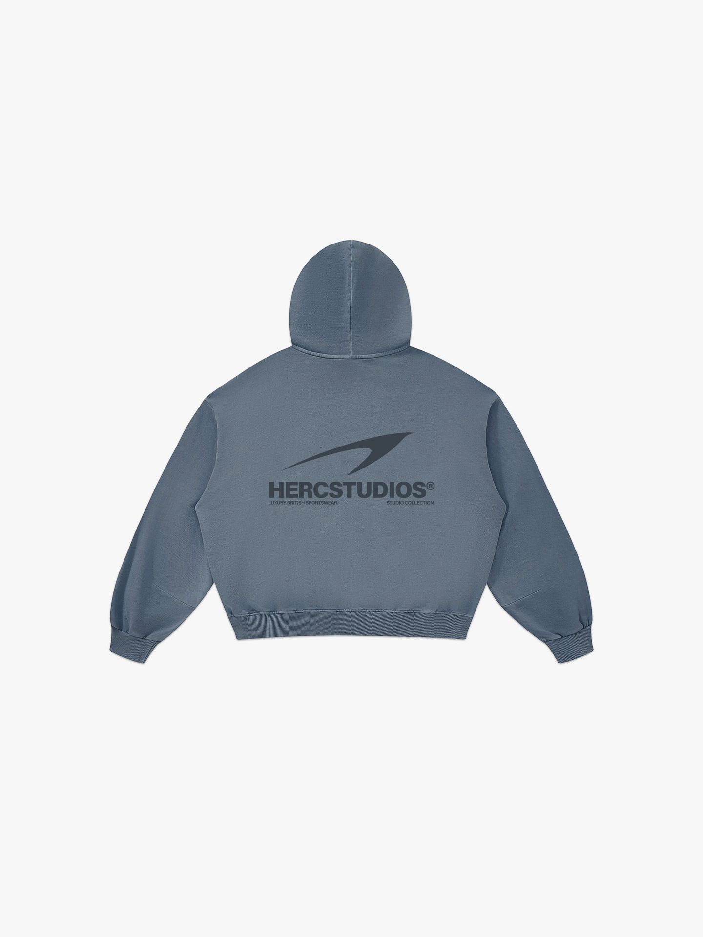 HERCSTUDIOS Boxy Hoodie - Blue Grey back flat lay