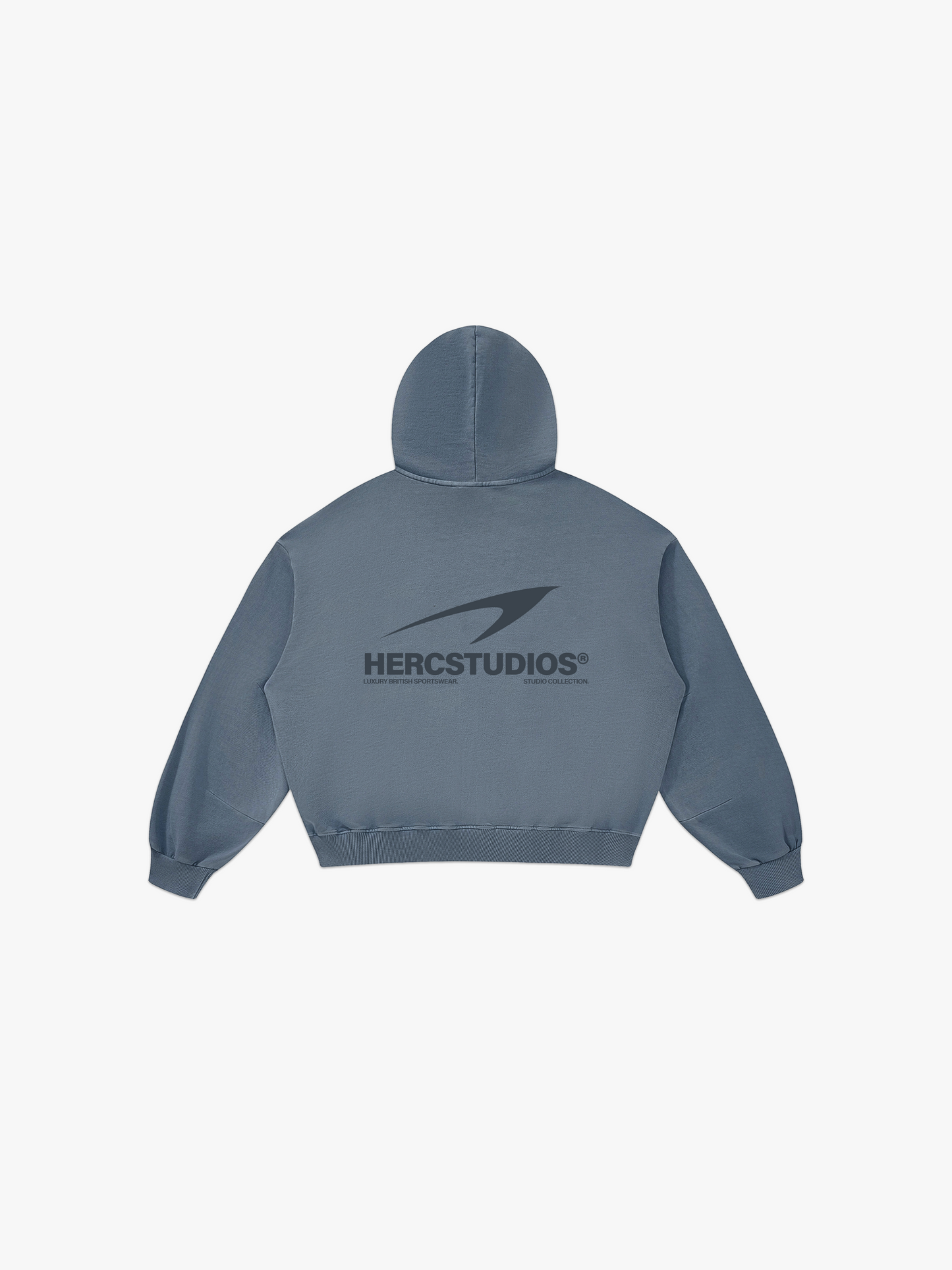 HERCSTUDIOS Boxy Hoodie - Blue Grey back flat lay