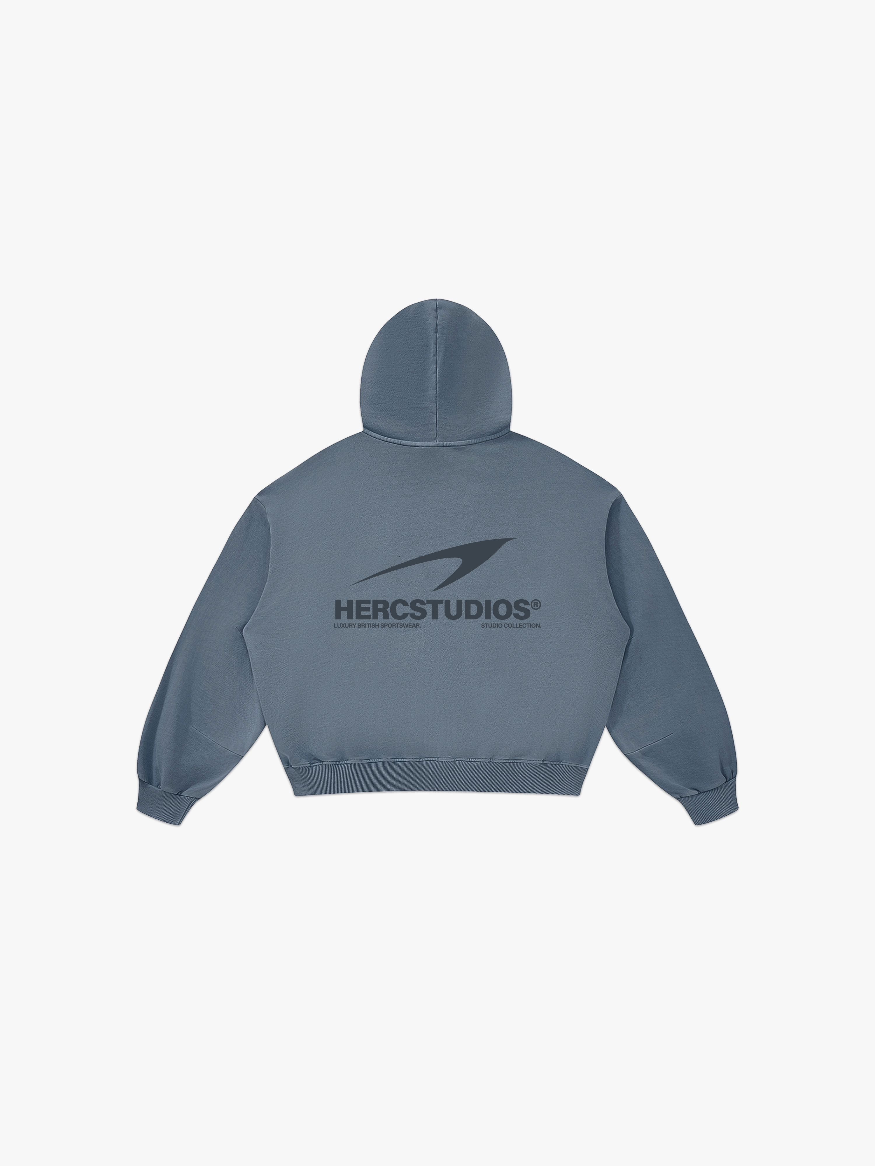 HERCSTUDIOS Boxy Hoodie - Blue Grey back flat lay