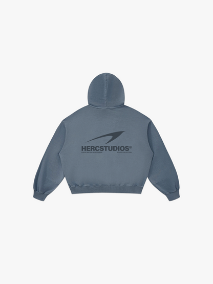 HERCSTUDIOS Boxy Hoodie - Blue Grey back flat lay