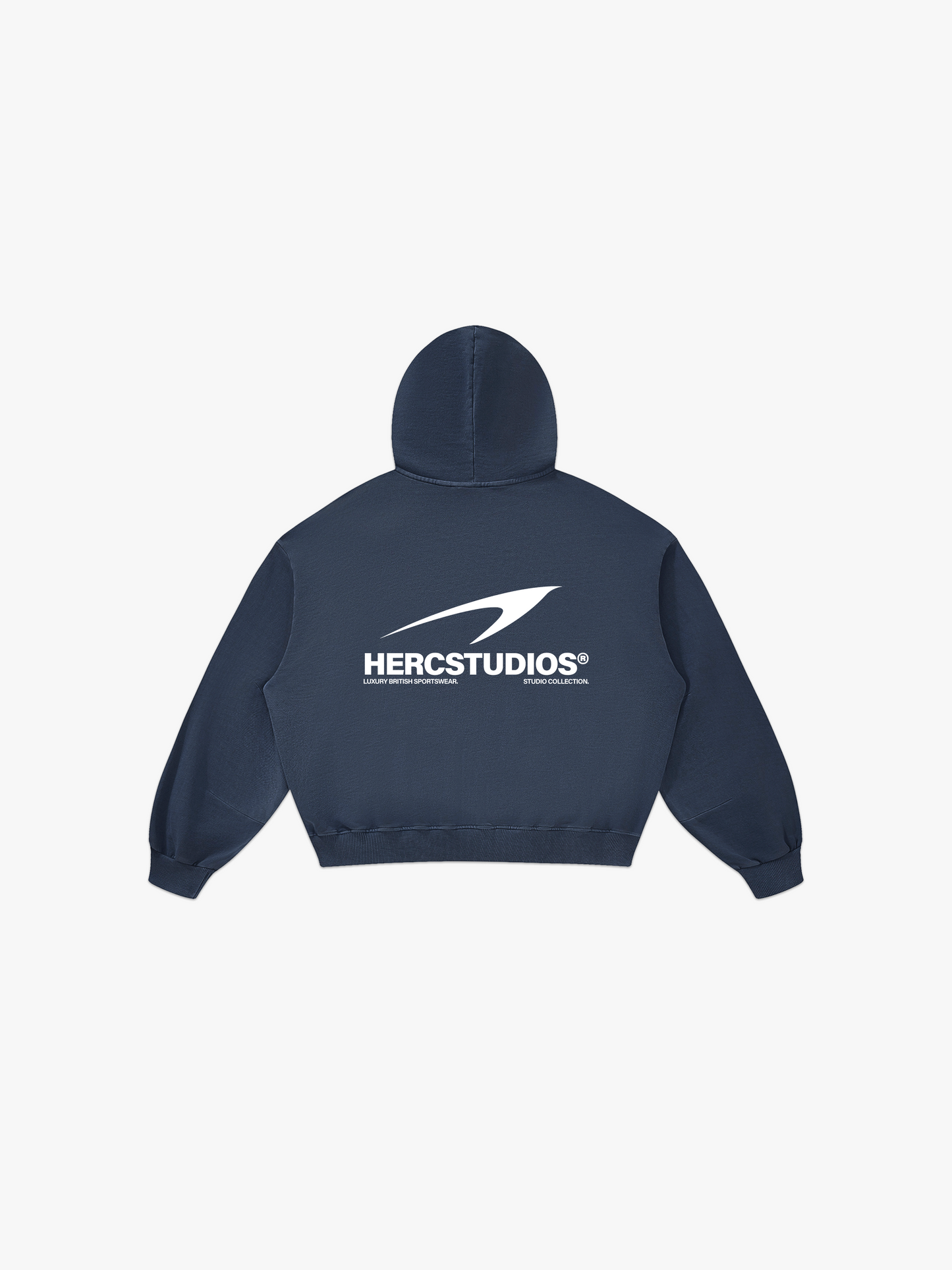 HERCSTUDIOS Boxy Hoodie - Navy back flat lay
