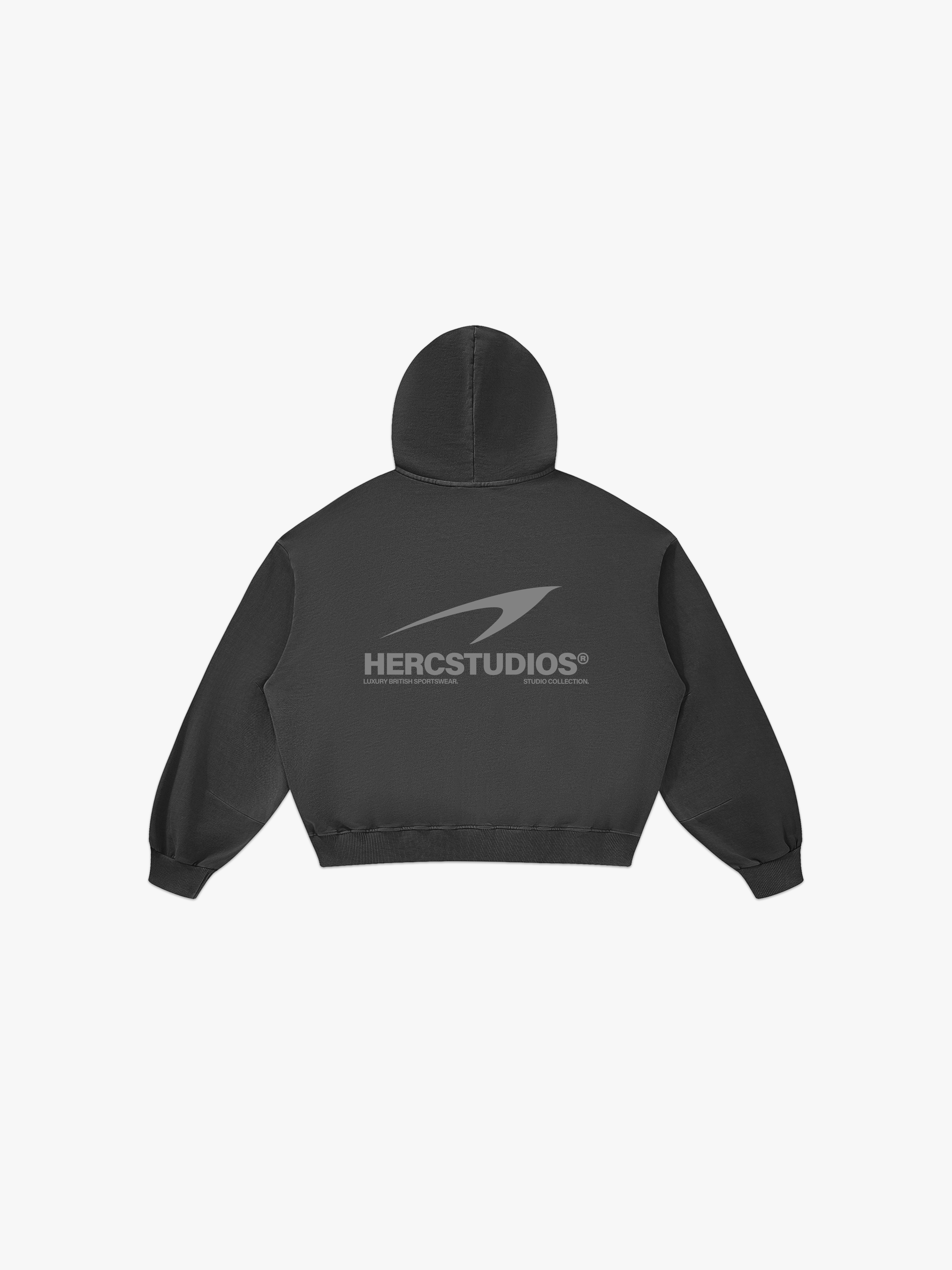 HERCSTUDIOS Boxy Hoodie - Dark Grey back flat lay