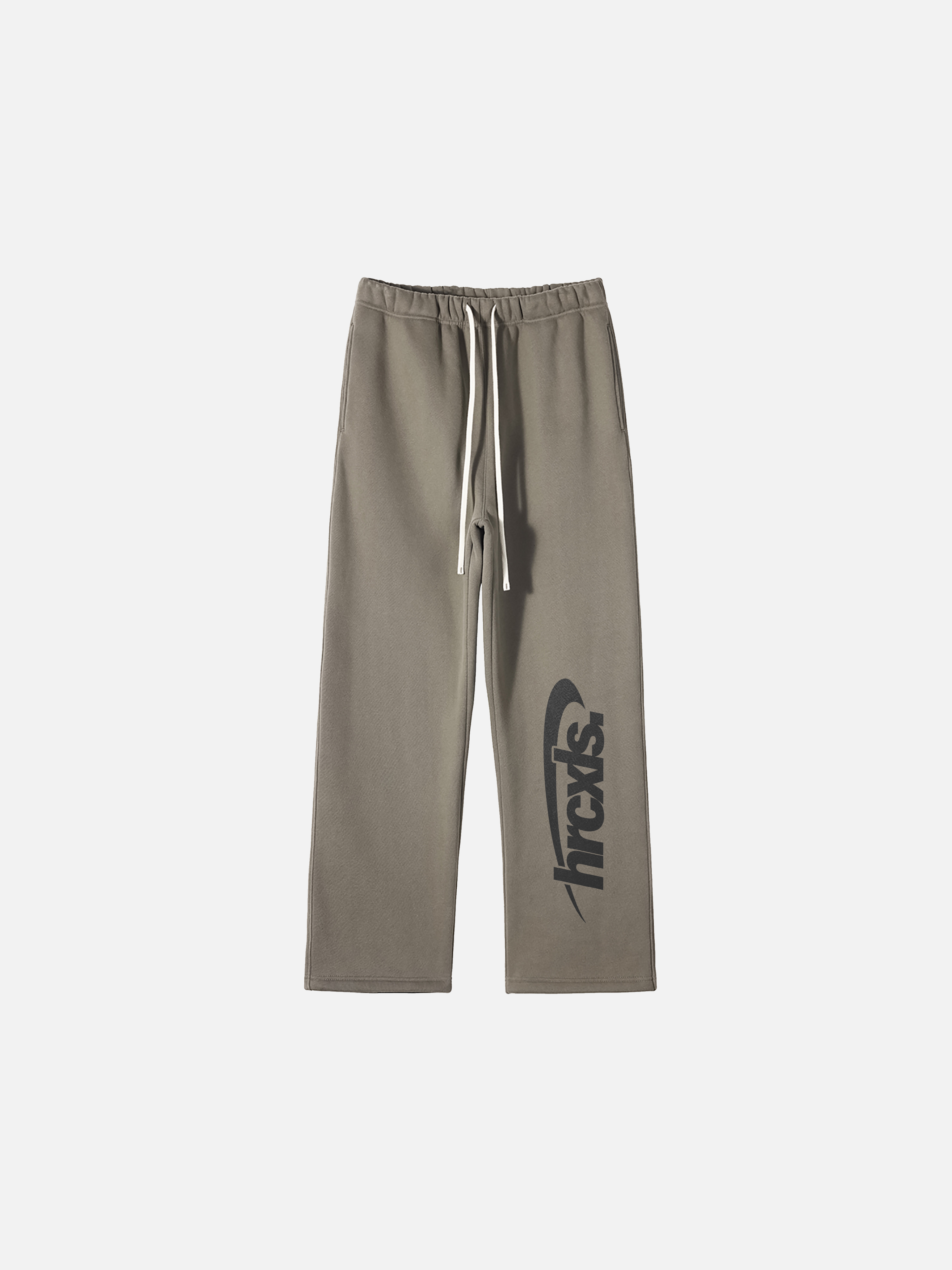 Athletic brown sweatpants flat lay with large dark logo on right leg