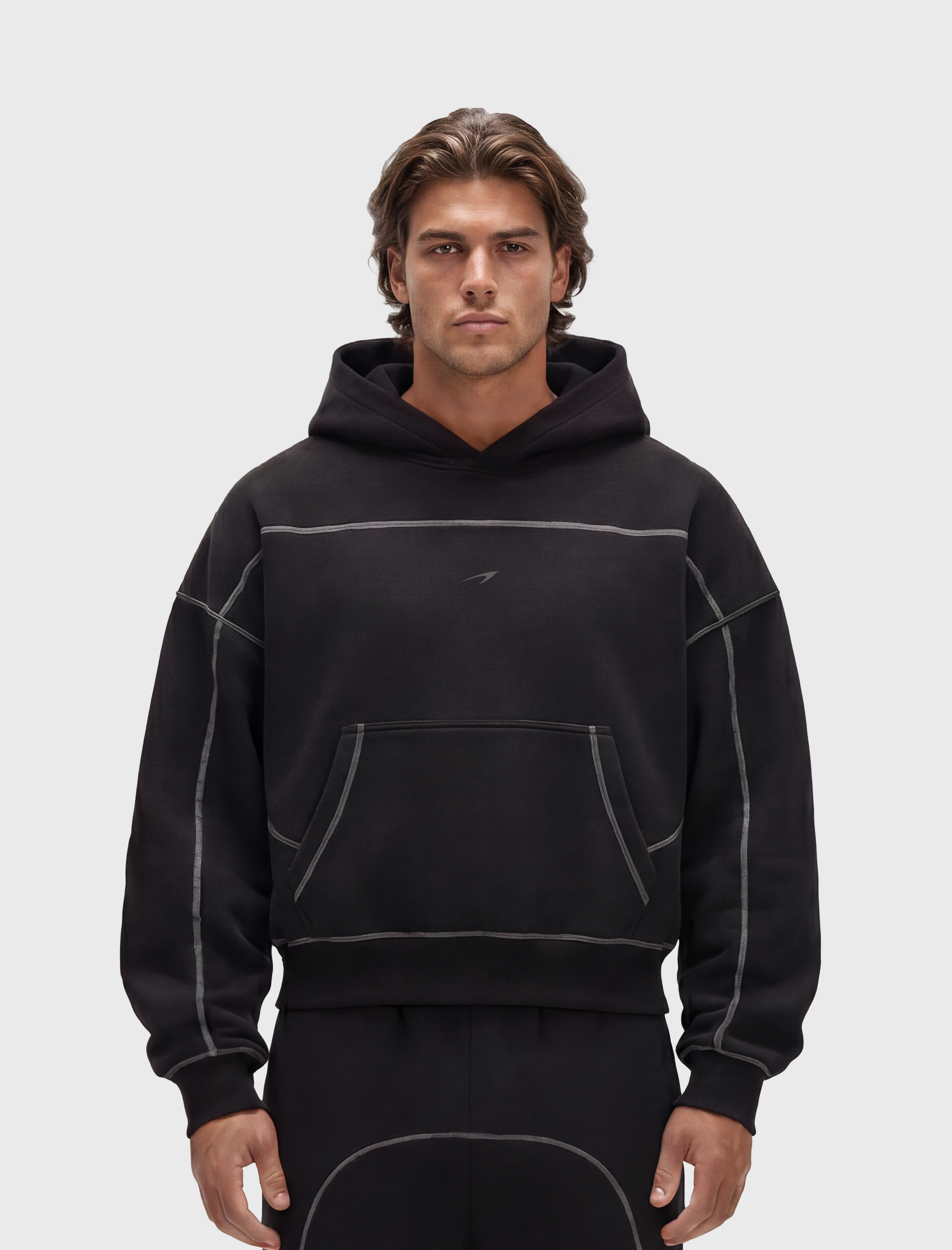HERCXLES 2026: Contrast-Stitched Boxy Fleece Hoodie - Black model front