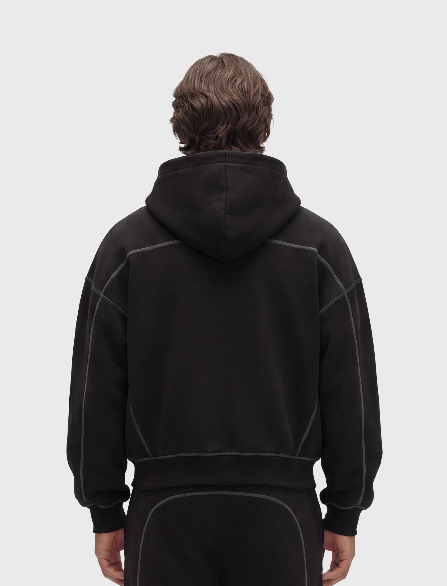 HERCXLES 2026: Contrast-Stitched Boxy Fleece Zip Hoodie - Black model back