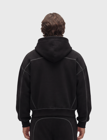 HERCXLES 2026: Contrast-Stitched Boxy Fleece Zip Hoodie - Black model back