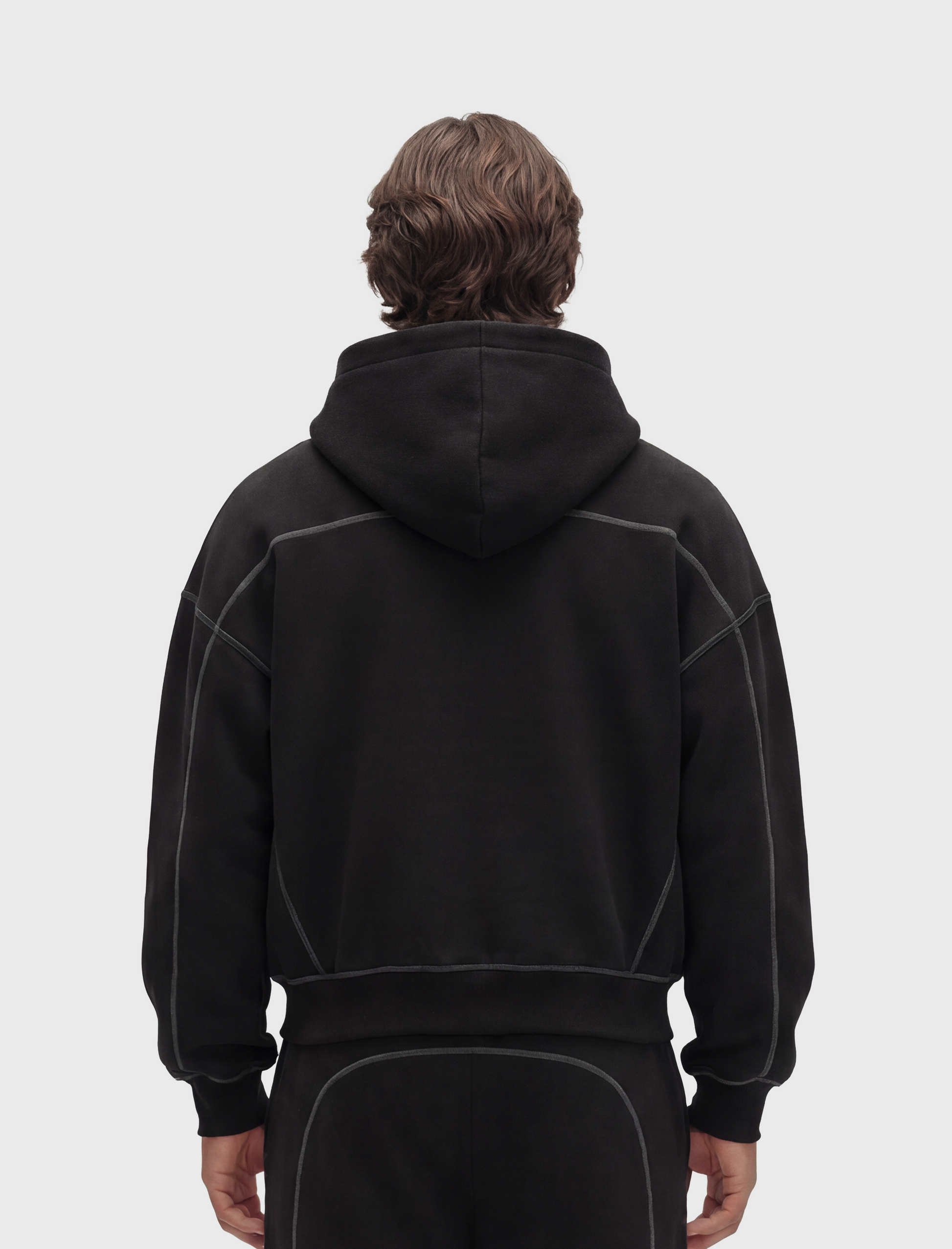HERCXLES 2026: Contrast-Stitched Boxy Fleece Hoodie - Black model back