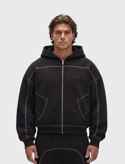 HERCXLES 2026: Contrast-Stitched Boxy Fleece Zip Hoodie - Black model front