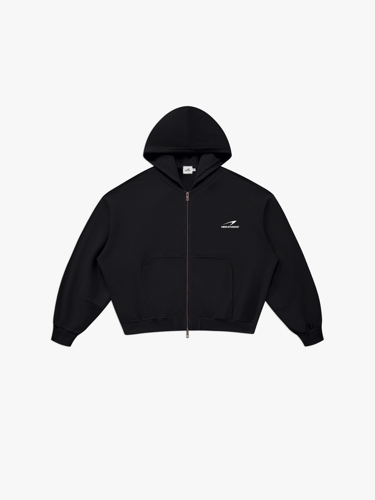 HERCSTUDIOS Vintage Wash Boxy Zip Hoodie - Black front flat lay