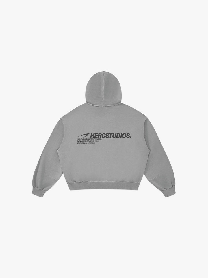 HERCSTUDIOS Boxy Hoodie - Light Grey back flat lay