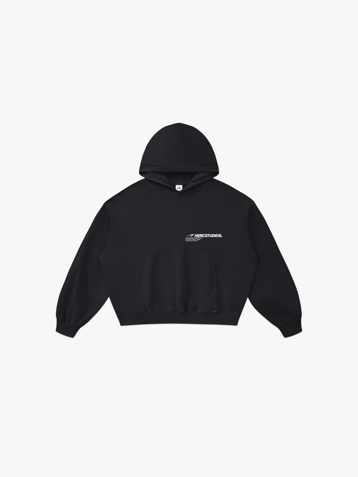 HERCSTUDIOS Boxy Hoodie - Black front flat lay