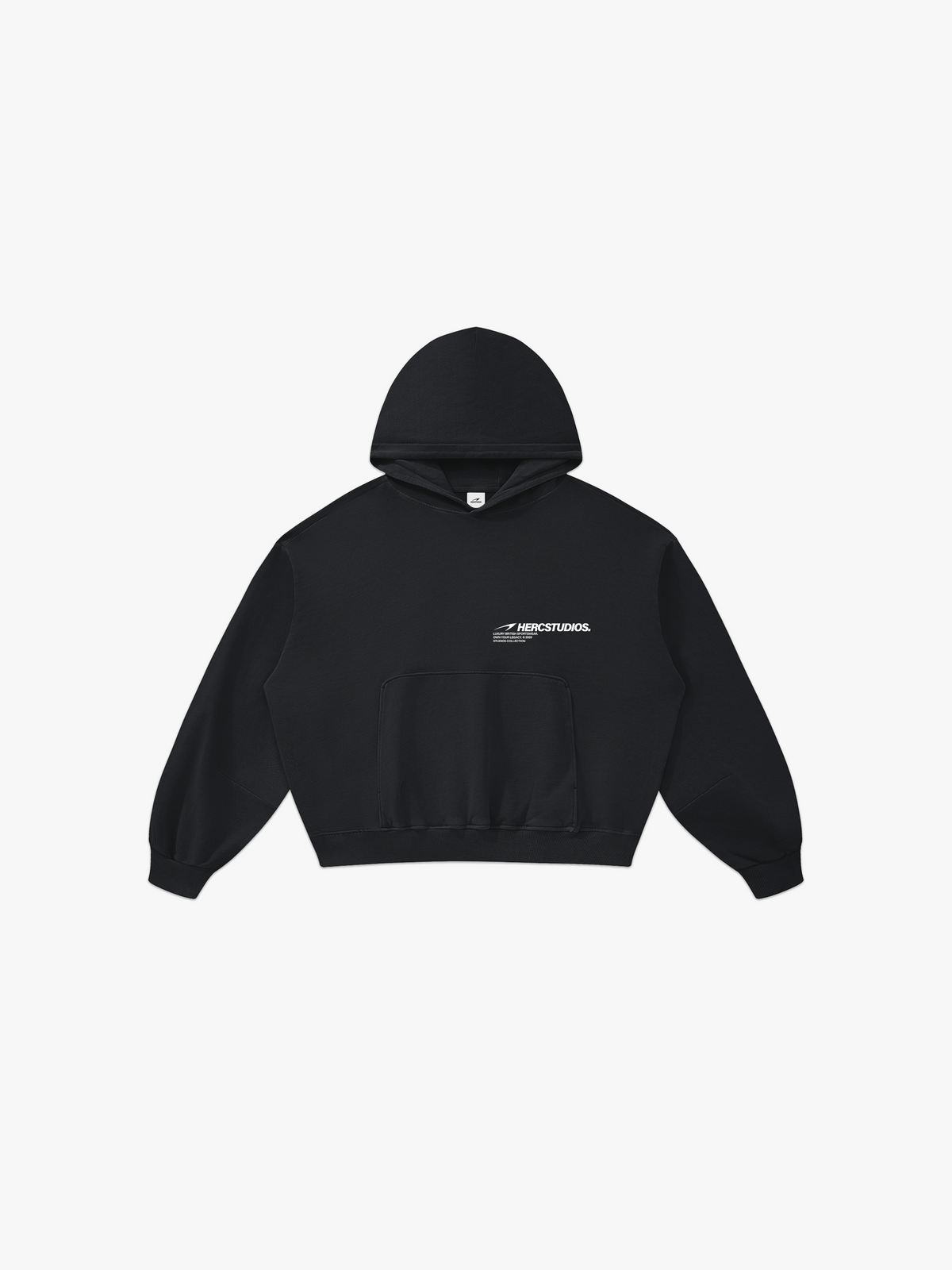 HERCSTUDIOS BOXY HOODIE Black front - warehouse sale