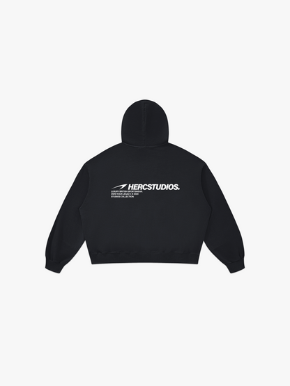 HERCSTUDIOS Boxy Hoodie - Black back flat lay