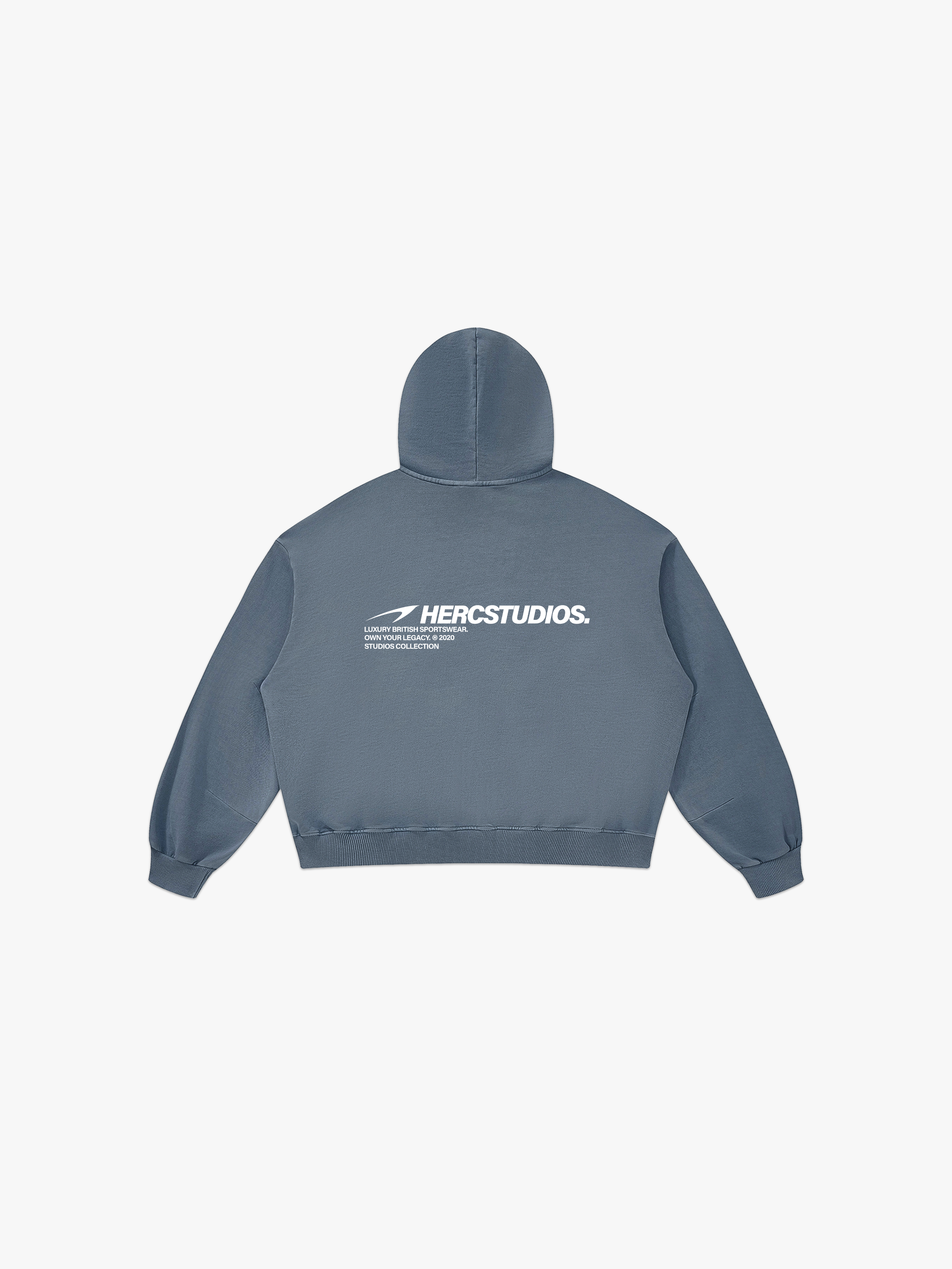 HERCSTUDIOS Boxy Hoodie - Blue Grey back flat lay
