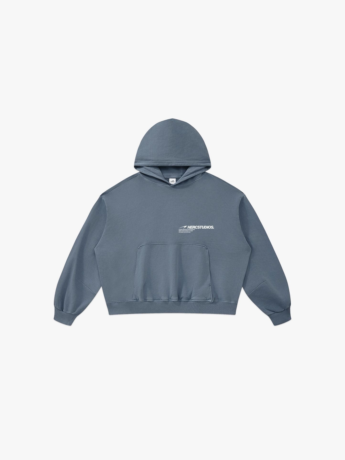 HERCSTUDIOS Boxy Hoodie - Blue Grey front flat lay