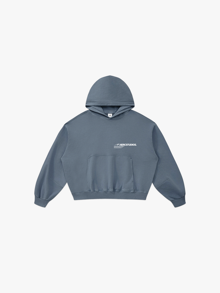 HERCSTUDIOS Boxy Hoodie - Blue Grey front flat lay
