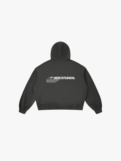 HERCSTUDIOS Boxy Hoodie - Dark Grey back flat lay