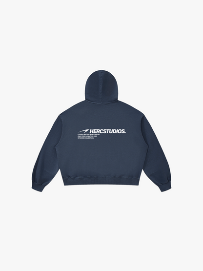 HERCSTUDIOS Boxy Hoodie - Navy back flat lay