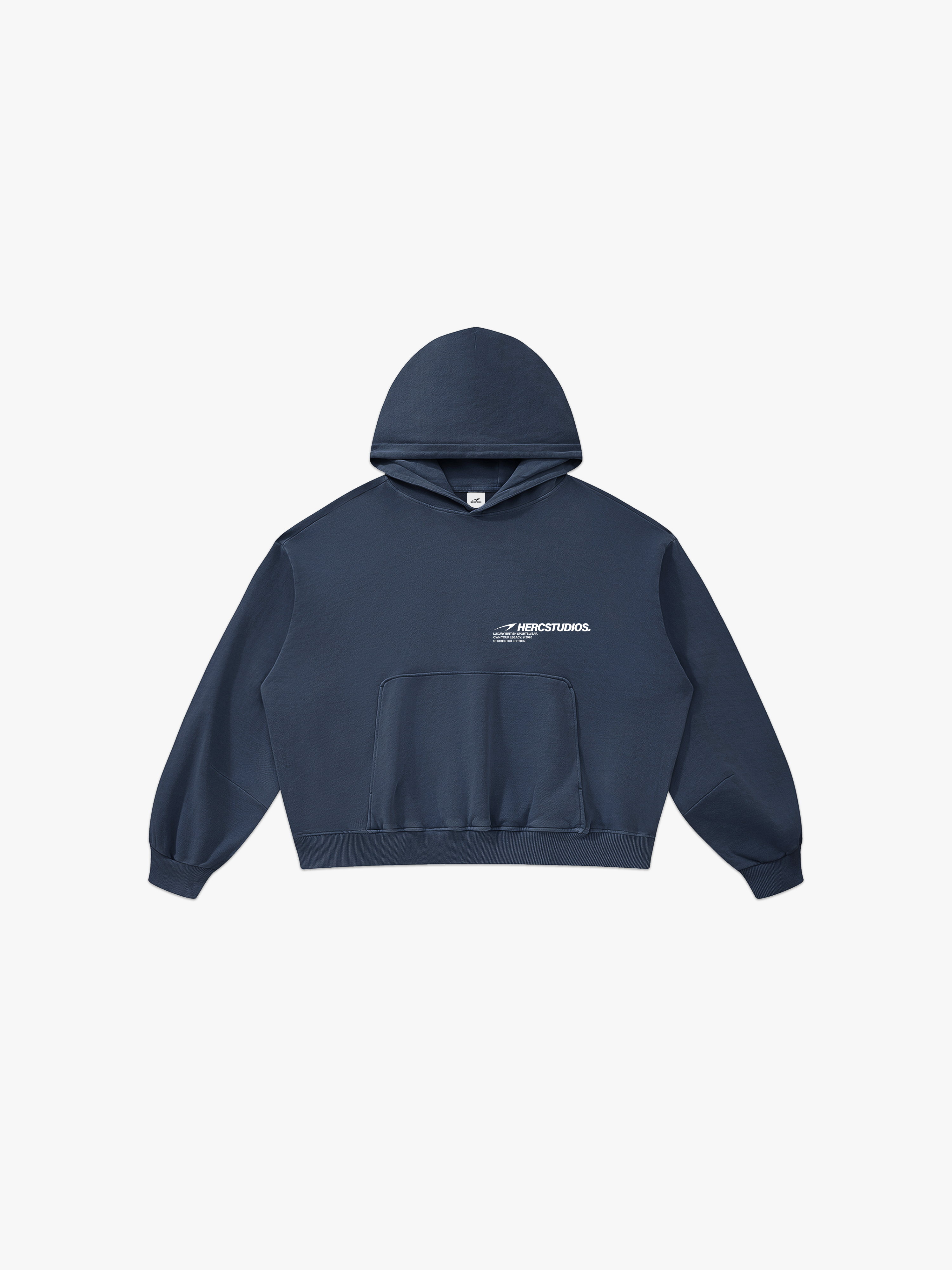 HERCSTUDIOS Boxy Hoodie - Navy front flat lay