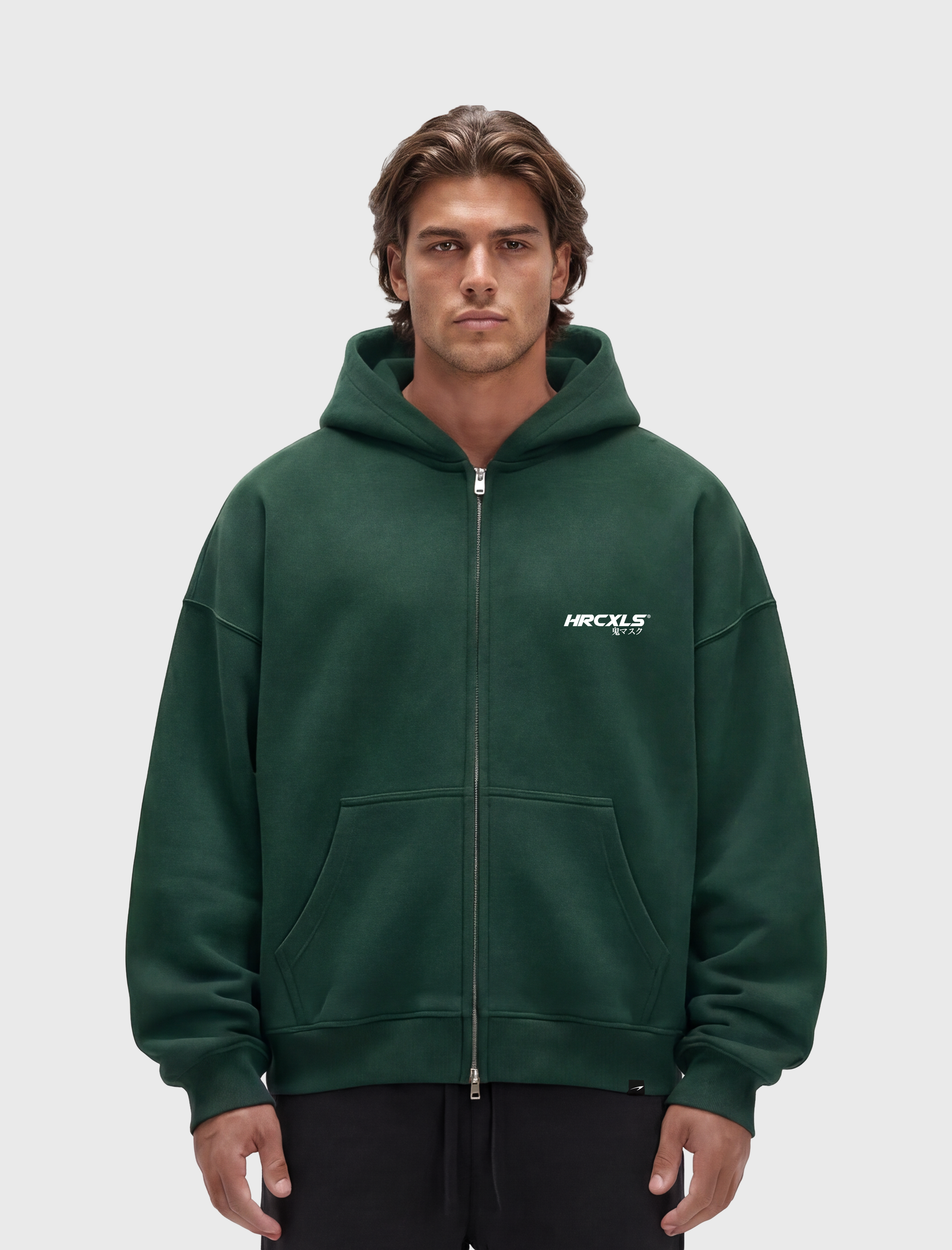 HERCXLES 2026: Kuro Relaxed Zip Up Hoodie - Green model front