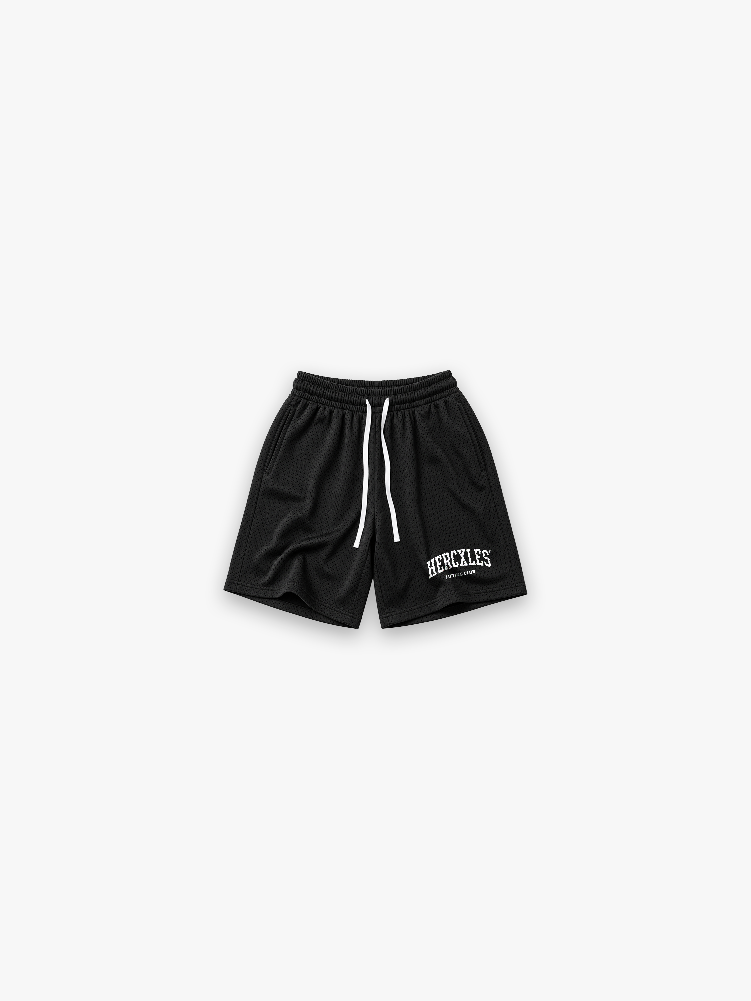 HERCXLES Lifting Club Mesh Drawstring Shorts - Black front flat lay