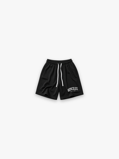 HERCXLES Lifting Club Mesh Drawstring Shorts - Black front flat lay