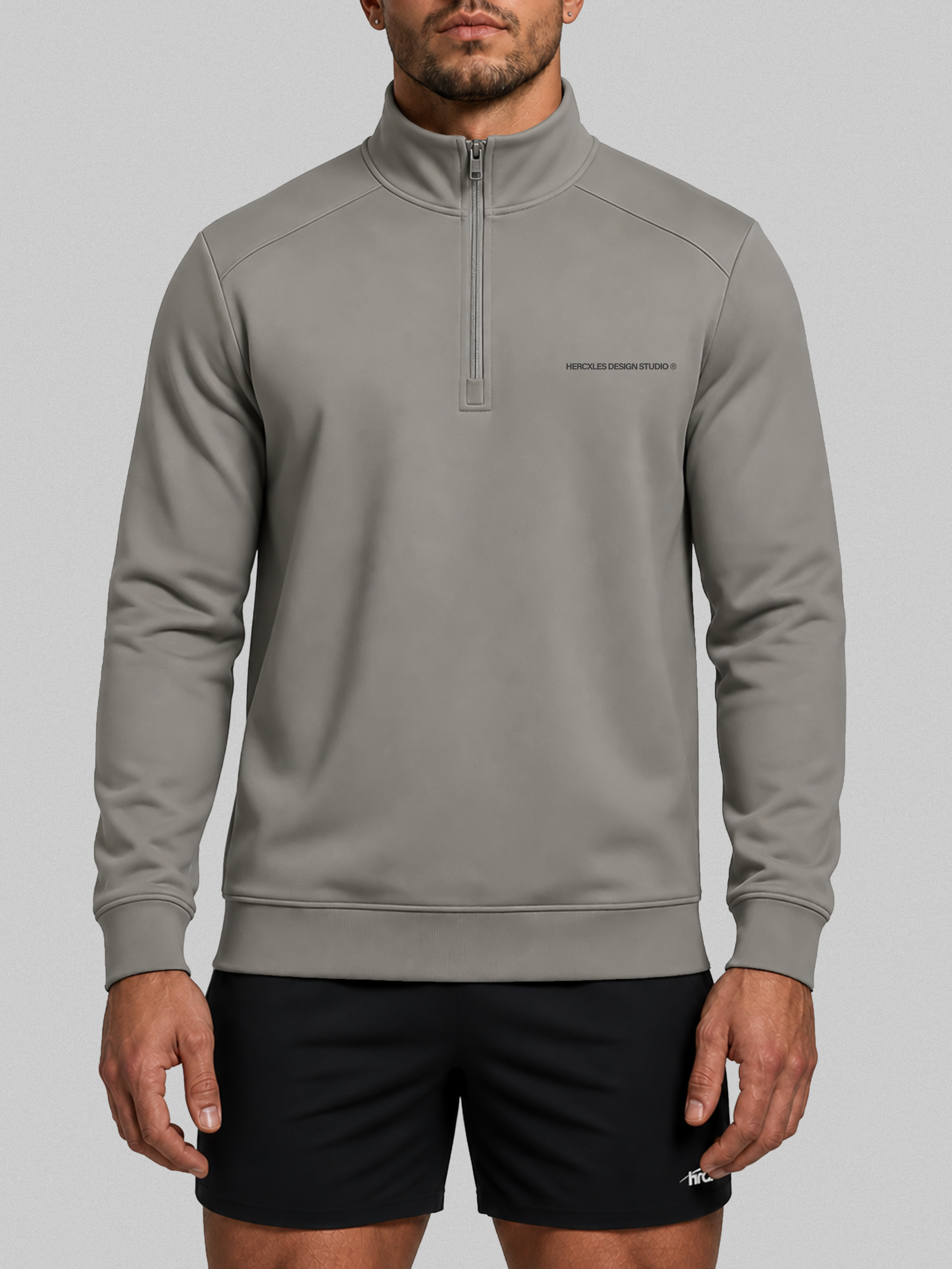 HCX feature detail: Studios Quarter Zip Sweatshirt - Grey model