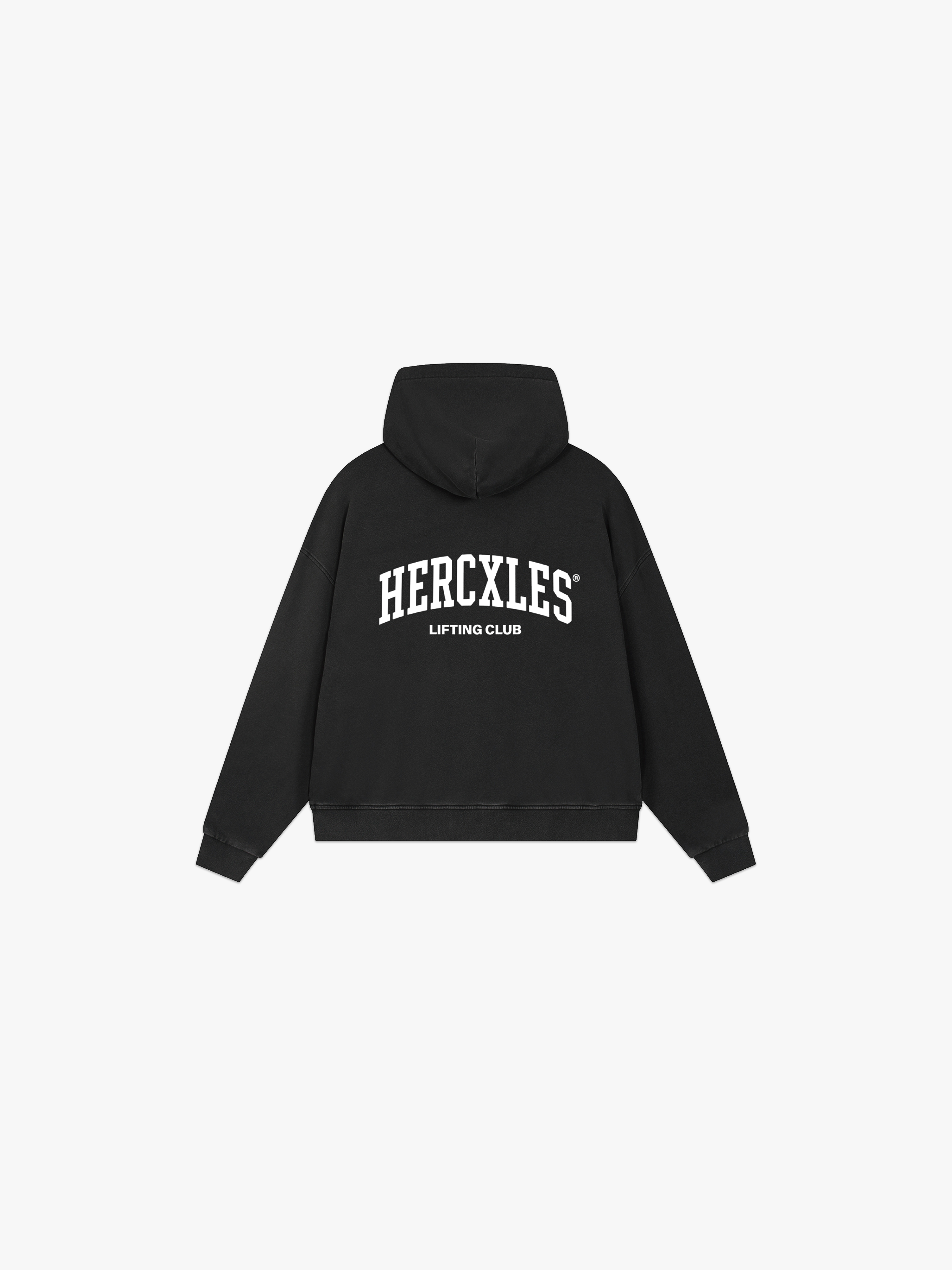 HERCXLES Lifting Club Vintage Wash Zip Hoodie - Black back flat lay
