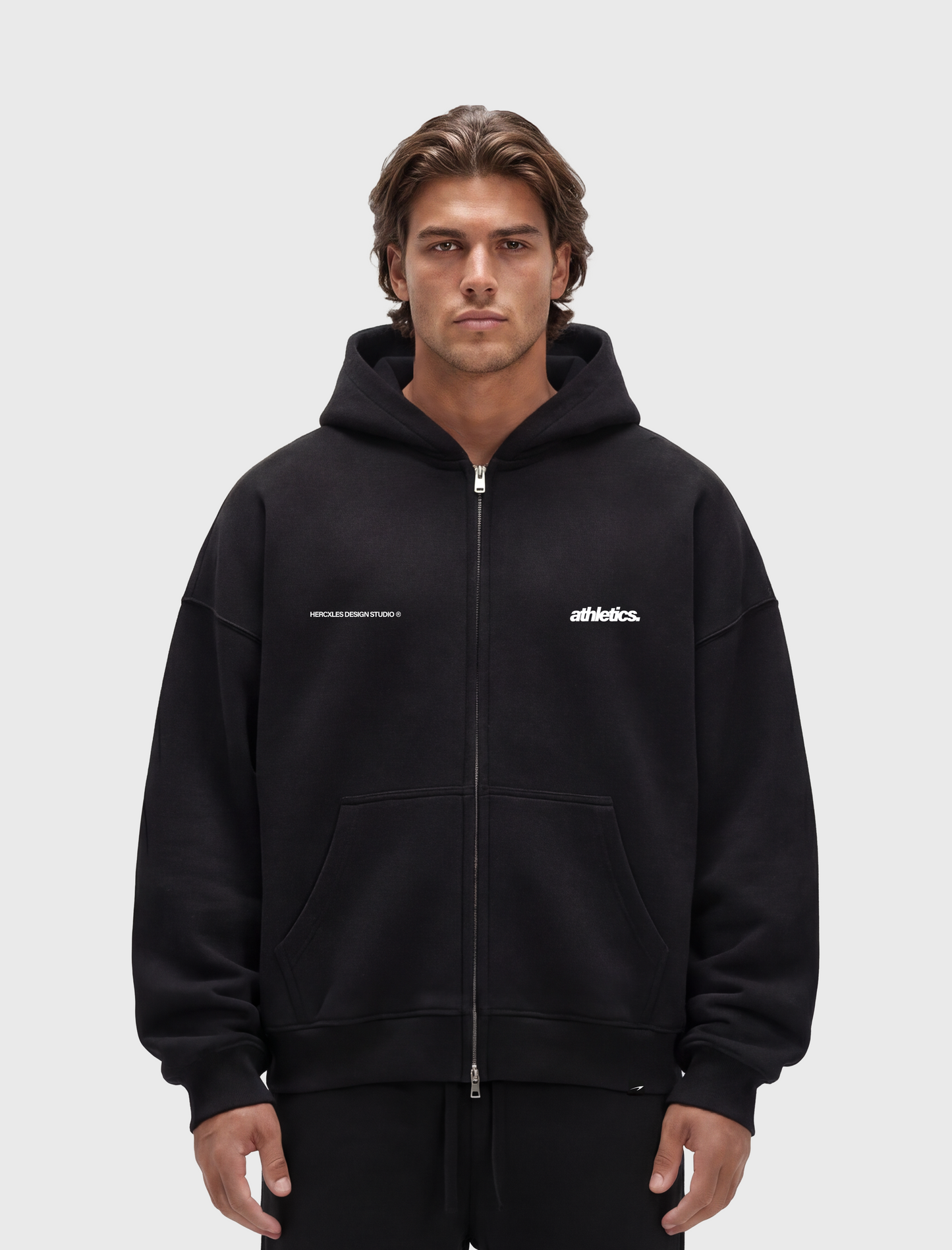 HERCXLES 2026: Athletics Zip Hoodie - Black model front
