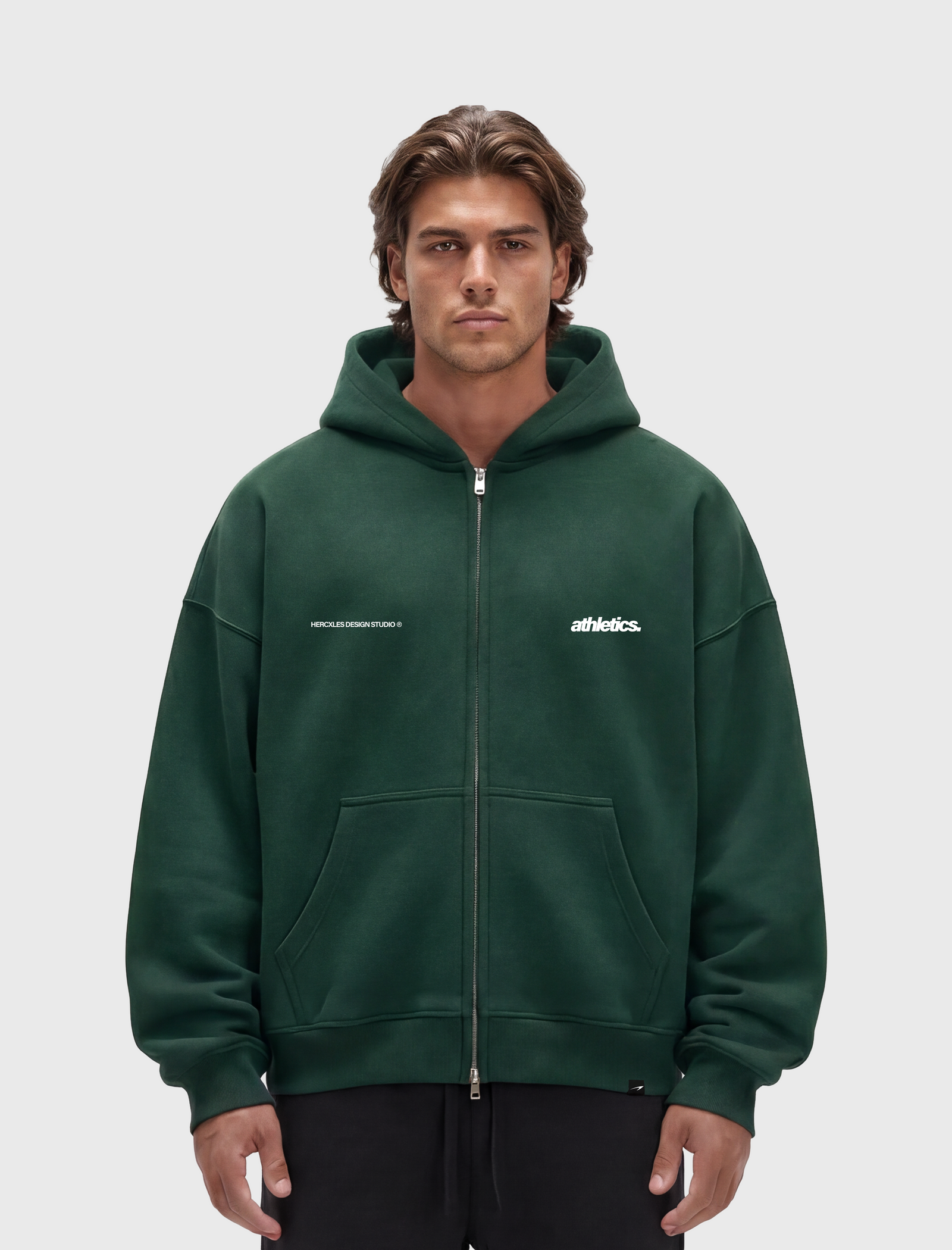 HERCXLES 2026: Athletics Zip Hoodie - Eden Green model front