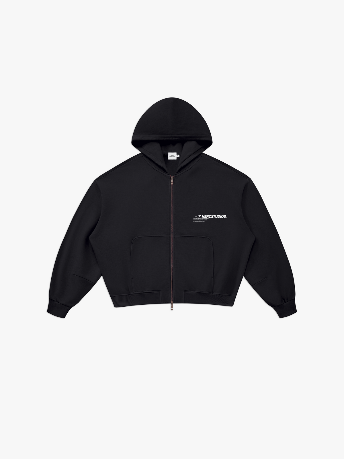 HERCSTUDIOS Vintage Wash Boxy Zip Hoodie - Black front flat lay