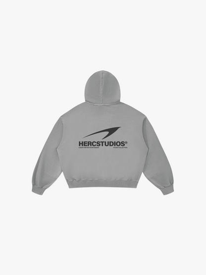 HERCSTUDIOS Boxy Hoodie - Light Grey back flat lay