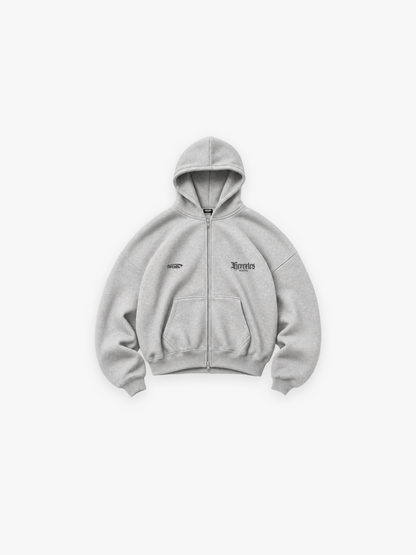 HERCXLES Gothic Bodybuilding Zip Hoodie - Grey front flatlay