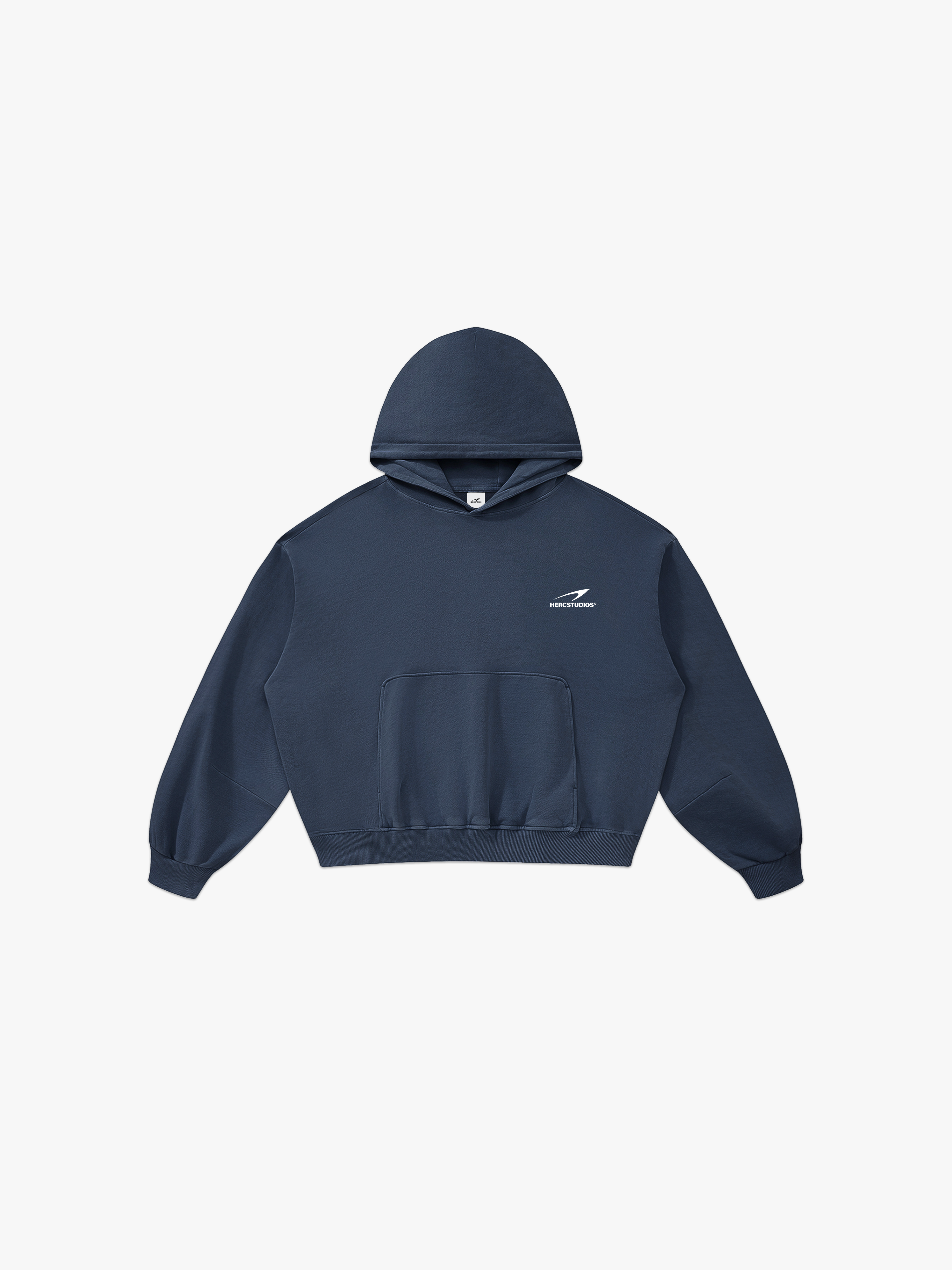 HERCSTUDIOS Boxy Hoodie - Navy front flat lay