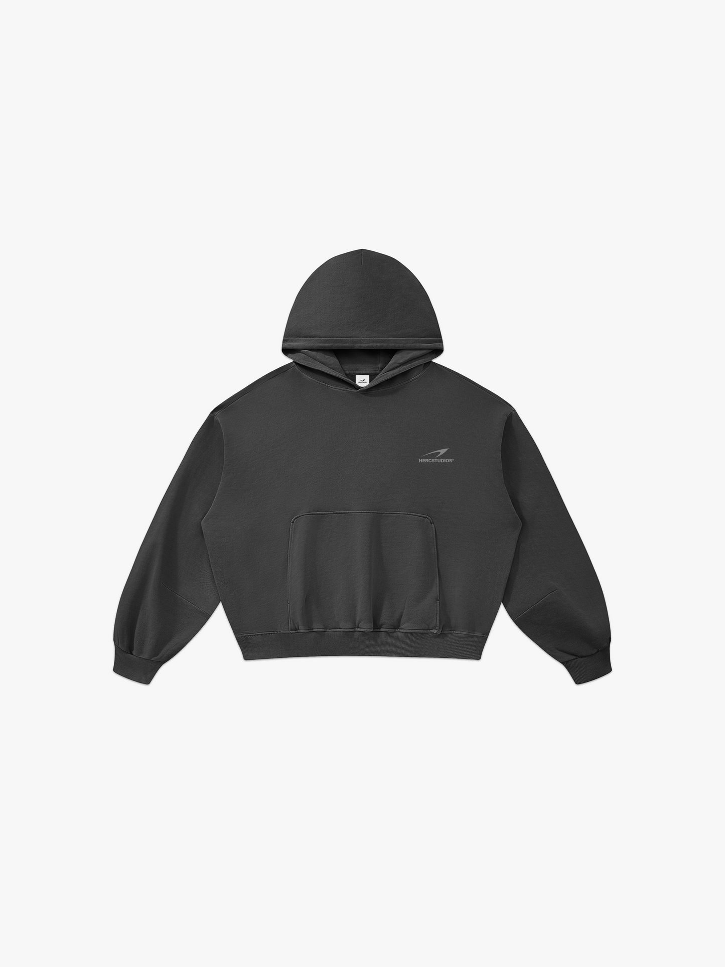 HERCSTUDIOS Boxy Hoodie - Dark Grey front flat lay