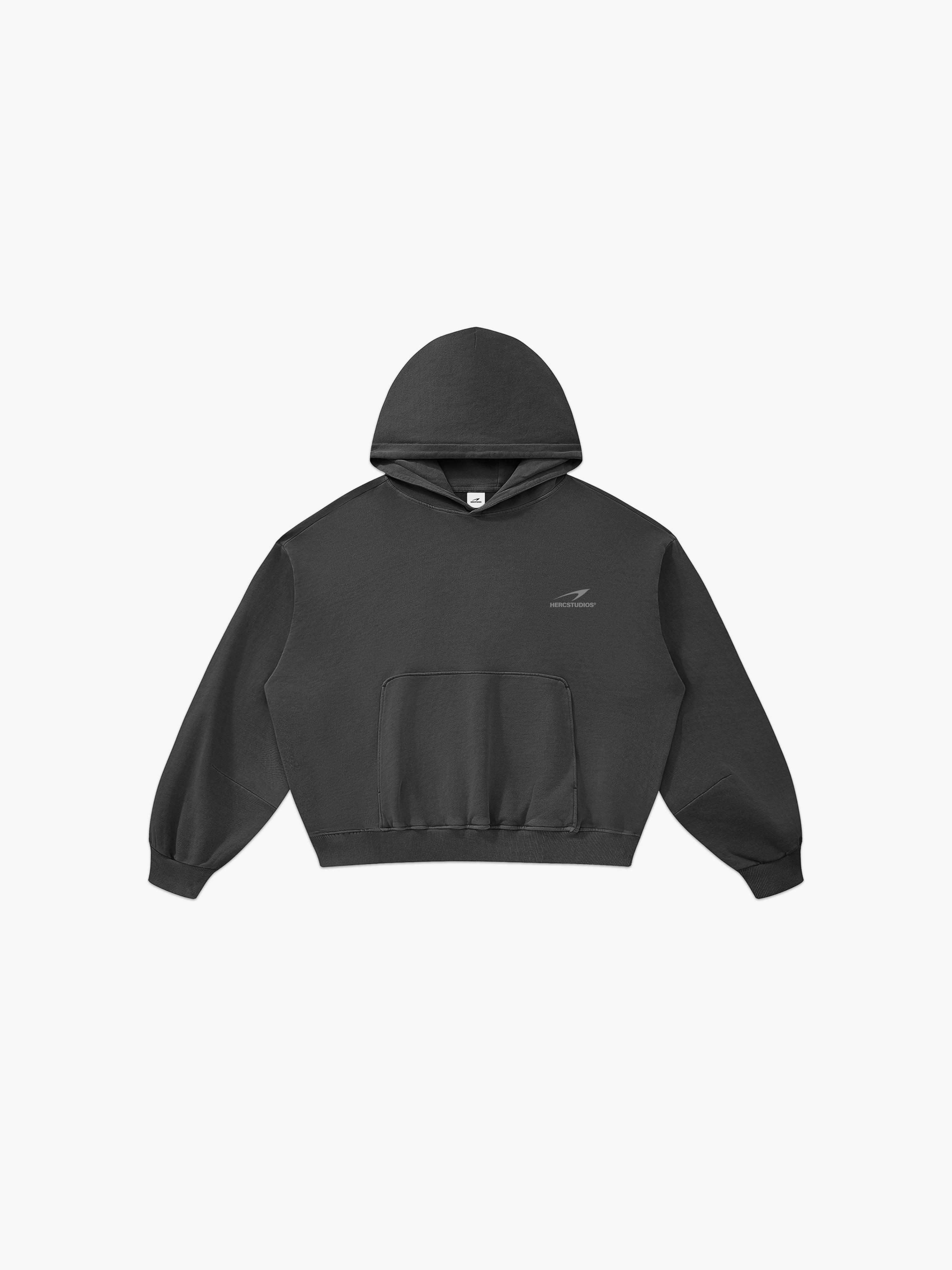 HERCSTUDIOS Boxy Hoodie - Dark Grey front flat lay