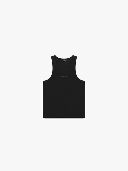 HERCXLES Tank Top - Black front flatlay tonal logo