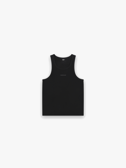 HERCXLES Tank Top - Black front flatlay tonal logo