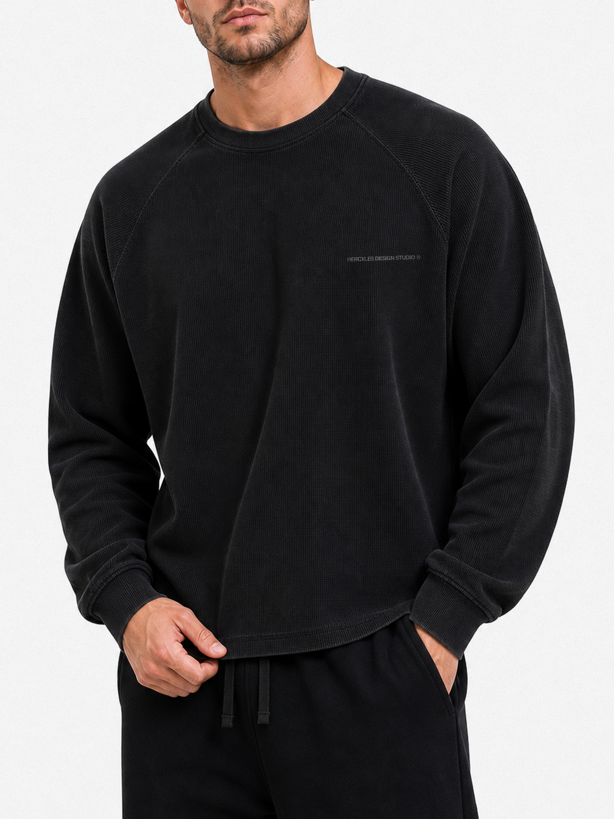 Studios Waffle Long Sleeve Black front - warehouse sale